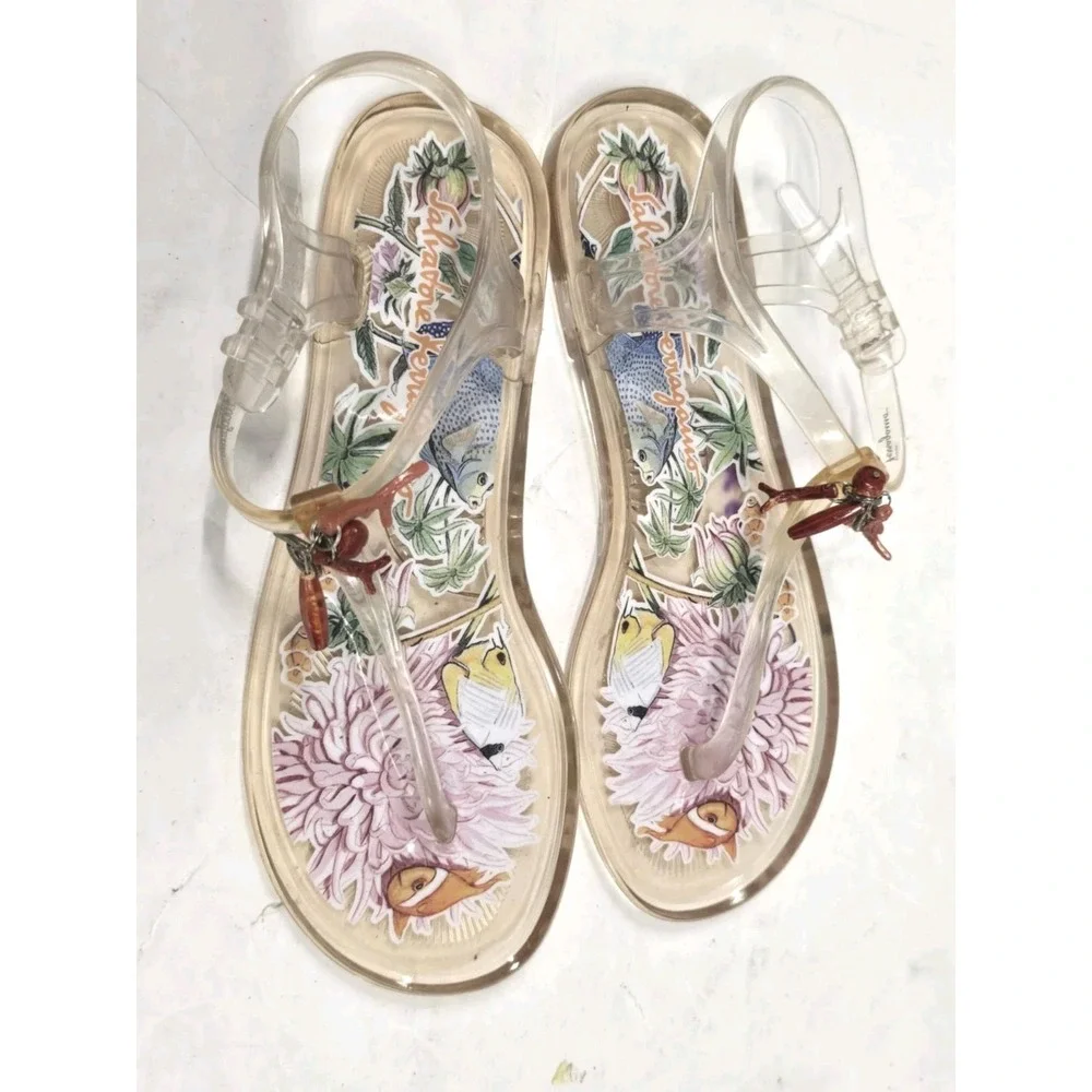 Salvatore Ferragamo Womens Ocean‎ Theme T-Strap Jelly Sandals Size 4.5
